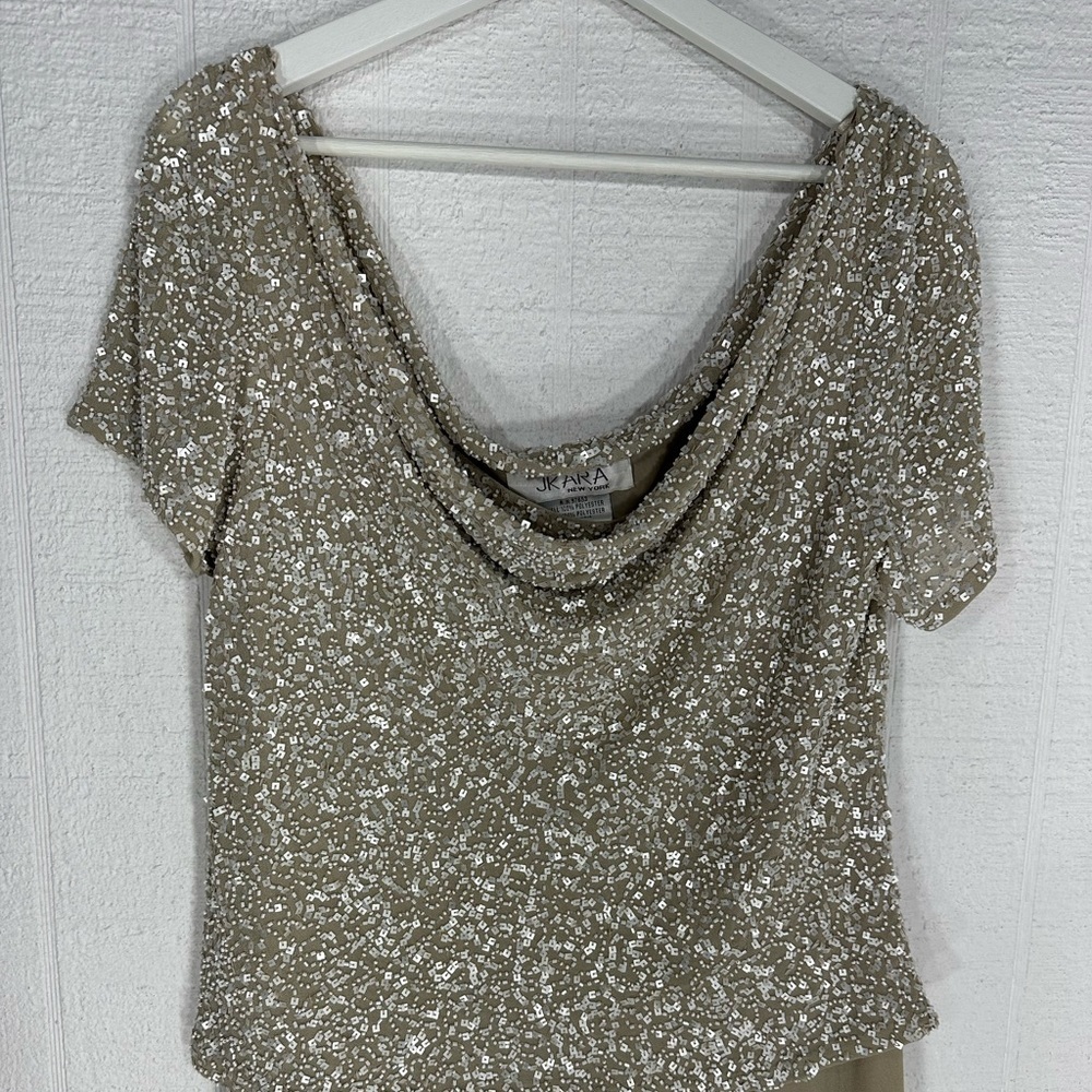 J Kara Formal Sequin Flutter Sleeve Bodice Chiffo… - image 2